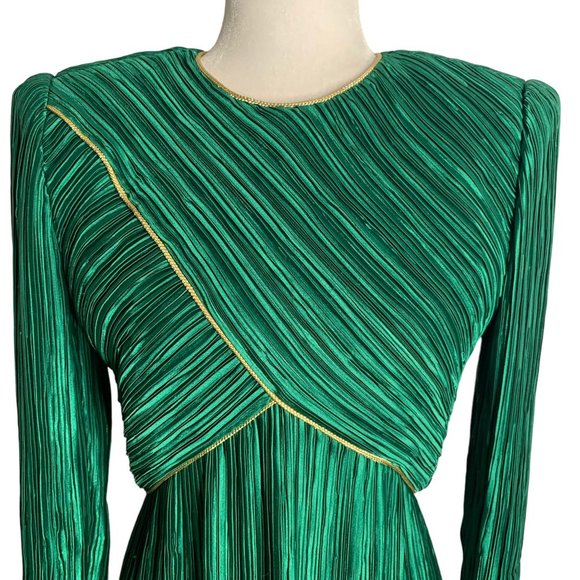 Vintage 80s George F Couture Evening Dress S Green Accordion Pleats Designer Zip - Picture 2 of 8
